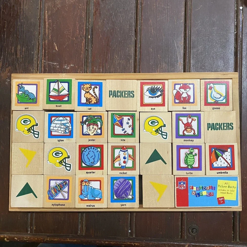 Licensed NFL Green Bay Packers Wood Alphabet ABC Picture Stacking Blocks